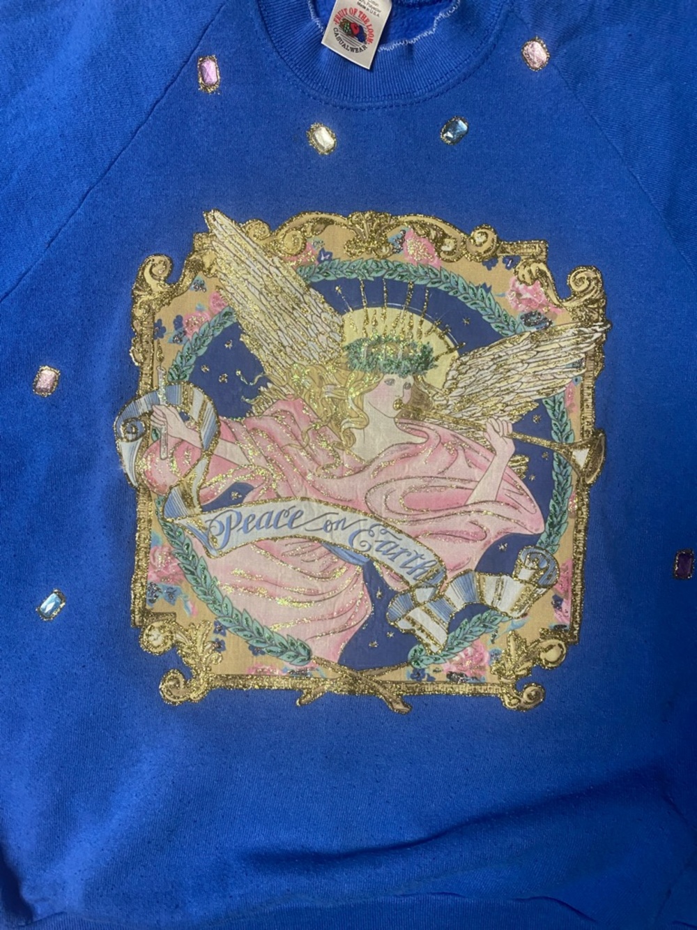 Peace on Earth Crewneck Vintage Sweatshirt Blue Pullover Womens Size L